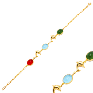 Colorful Quartz Oval Cut Stone Dolphin 22K Gold Bezel Wholesale Handmade 925 Sterling <b>Silver</b> <b>Charm</b> <b>Bracelet</b> - Product Image 1