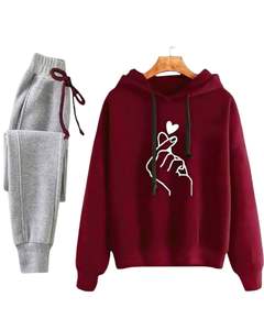 Womens Maroon Hoodie With Grey Jogger Set <b>Finger</b> Heart Print Cotton Fleece Casual Tracksuit Two Piece Sweat Suit OEM - Product Image 1