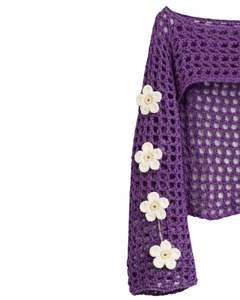 <b>Purple</b> Crochet Crop Sweater For Women Floral Applique Open Knit <b>Long</b> <b>Sleeve</b> Fashion Handmade Winter <b>Top</b> Boutique Style Wear Pro - Product Image 5