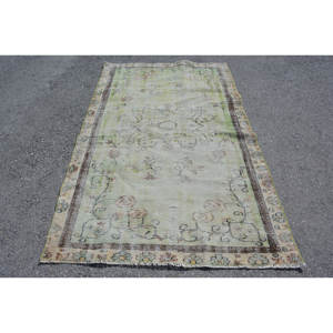 Tapis Vintage Turc Classique Grande Surface 4.5ft X 7.4ft Vert Beige Laine avec Latex Support Patchwork Motif pour Adolescent Couloir Chambre - Product Image 1