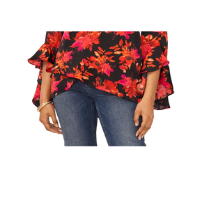 Top in chiffon nero stampato con scollo a V e orlo a strati di Vince Camuto - Product Image 6