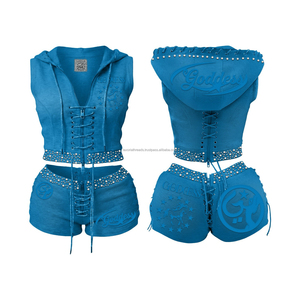 Ensemble deux pièces veste zippée et short 2026 pour femmes, avec logo personnalisé, strass de haute qualité, par les fabricants de vêtements - Product Image 2