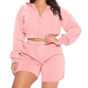 Top qualité sweat personnalisé femmes Joggers sweats à capuche couleur unie à manches longues femmes haut court à capuche deux pièces ensemble 2026 - Product Image 1