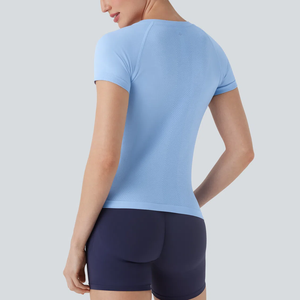 Top de Yoga de LICRA transpirable para mujer, blusa de Fitness de manga corta 8455 de secado rápido con logotipo en la parte delantera para correr al aire libre - Product Image 2