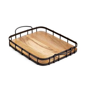 Venta caliente bandeja de servicio de madera rústica con asas de metal plato de madera de mango decorativo para cocina y comedor forma de tamaño personalizado - Product Image 1