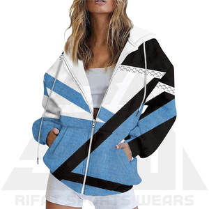 Modern Ethnic Print Winter <b>Hoodie</b> Cobalt Blue & <b>White</b> Contrast Zipper Geometric Terry Front Soft Fleece Winter Wear <b>Women</b> - Product Image 2