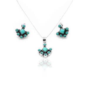 Juego de Joyería Fina Clásica de Plata de Ley 925 con Piedra Preciosa de Turquesa Natural, Pendientes y Colgante Floral con Cadena de Plata - Product Image 3