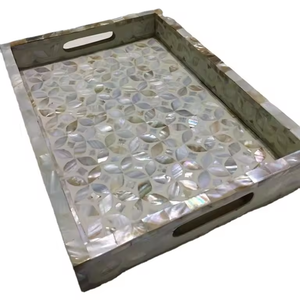 Venta directa de fábrica, bandeja para servir con forma de Escudero personalizada, madre perla y resina, incrustaciones de hueso, patrón Floral, bandeja de corteza de madera, mango de Metal - Product Image 4