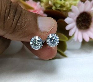 2 Ct Round Cut Moissanite Stud Bezel Set <b>Earrings</b>, Wedding Gift For Women's, Diamond Push Back <b>Earrings</b>, Solid 14K <b>White</b> Gold - Product Image 2