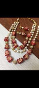 3 Layer High Quality Beads Necklace Set Wholesale Buy <b>Long</b> Pearl Gold Plated Kundan Necklace Set for Women Wedding Party Wear - Product Image 5