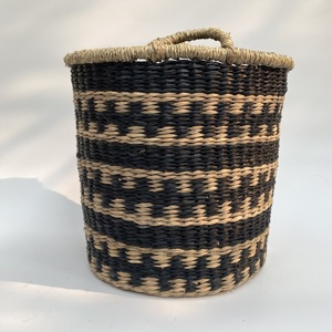 Round <b>Seagrass</b> Storage <b>Basket</b> with Handle Woven Black and Yellow Lid Best Price in Vietnam Low MOQ - Product Image 1