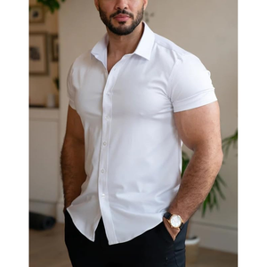 Chemises habillées extensibles sans plis pour hommes Chemise boutonnée à manches courtes en coton pour hommes - Product Image 4