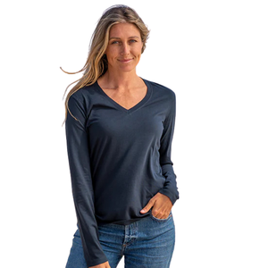 T-shirt à manches longues pour femme, bleu marine, col en V, 100% coton biologique de luxe, pré-rétréci, certifié GOTS, coupe classique, doux et premium - Product Image 4