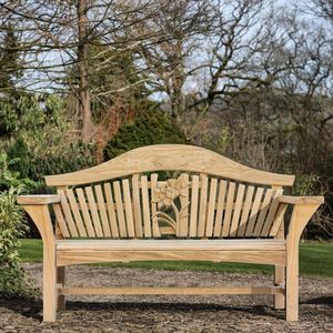 Banco de Jardín Tradicional Moderno de Teca para Exteriores, Asiento de Madera Maciza para Patio, Respaldo de Listones, Banco de Parque con Tallado Floral - Product Image 3