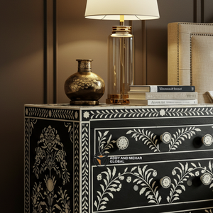 Mesita de noche moderna con incrustaciones de hueso negro, mesa de almacenamiento con patrón Floral hecho a mano - Product Image 4