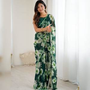 Sarees de Seda Georgette Vintage para Mujer, Elegantes, para Bodas, Fiestas de Graduación, Playa, Suaves, Modernos, Hechos a Mano, con Estampado Digital, de Secado Rápido - Product Image 1