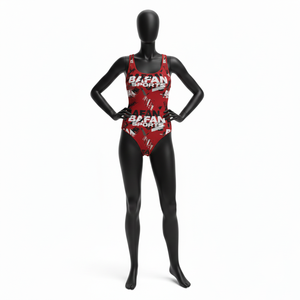 Traje de Baño para Mujer, 225 GSM, Tela de Poliéster y Spandex de Alta Elasticidad, Color Rojo Escarlata y Negro, Panel Gráfico con Logotipo Estampado - Product Image 1