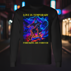 T-shirt a maniche lunghe Foreskins Are Forever, nera, unisex, girocollo, con stampa digitale, abbigliamento promozionale - Product Image 3