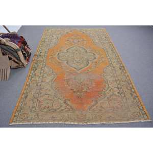 Alfombra de lana turca Vintage auténtica de 55x87 pies, hecha a mano, ecológica, diseño de retazos bohemios, alfombras de comedor con respaldo de látex verde naranja - Product Image 1