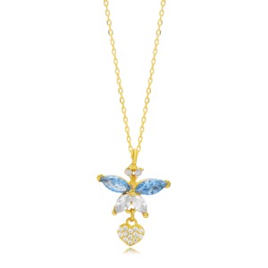 Collier Charme d'Été en Argent Sterling 925 avec Pierre CZ Aigue-marine Coupe Marquise et Petit Cœur, Pendentif Fait Main - Product Image 5