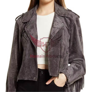 <b>Women's</b> Trending Gray <b>Suede</b> Leather <b>Jacket</b> Custom Made with Studded Genuine Outerwear with Cotton Filling Woven Weaving Method - Product Image 1