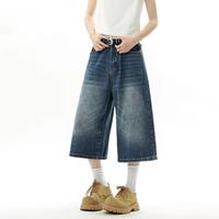 Wholesale Custom Made Dirty Monkey Washed Long Length Distressed Jeans Shorts For Men Streetwear Zipper Fly Denim Jorts