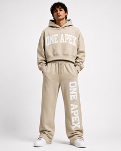 Ensemble de survêtement ONEAPEX Premium : Hoodie court oversize et pantalon de jogging large en coton épais, style streetwear, beige - Product Image 4