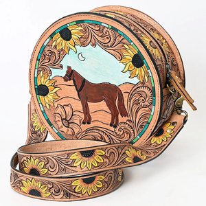 Bolso de mano occidental de caballo de cuero de vaca redondo de lujo para mujer con diseño de solitario floral mecanizado a mano Stock listo - Product Image 4