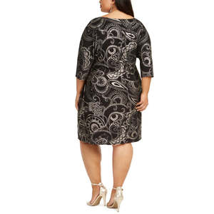 Robbie Bee Abito da donna taglie forti con stampa metallizzata e nodo laterale, Nero 2XL, Silhouette ampia, Vita naturale, Decorazione floreale, Effetto metallizzato - Product Image 2