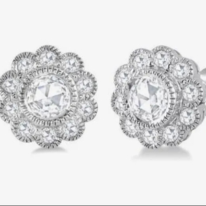 <b>Vintage</b> Style Rose Cut Diamond <b>Earrings</b> Floral Halo Studs 18k White <b>Gold</b> Plated Moissanite Jewelry Custom Wholesale Manufacturer - Product Image 1