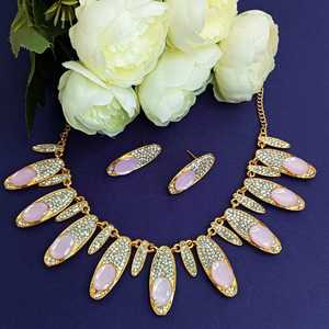 India Jewellery Set Wholesale Traditional Ethnic Designer Oval Rhinestone Crystal <b>Bridal</b> Wedding Indian Dangle <b>Earring</b> Set, Pink - Product Image 2
