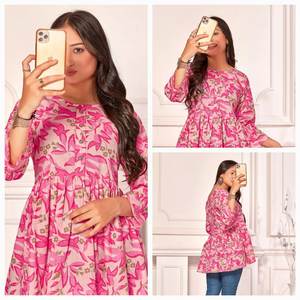 Vestido Kurti Corto Jaipuri para Mujer, Estampado Floral, Diseño de Diseñador, en Rayón Modal Viscosa con Estampado a Mano, con Bordado Intenso - Product Image 4
