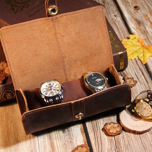 Caja de reloj de cuero de vaca Crazy Horse, accesorios de almacenamiento portátiles de viaje con Tres correas cilíndricas, bolsa de - Product Image 6