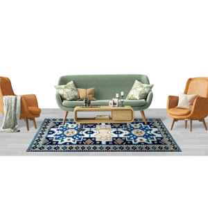 เหรียญสีน้ำเงินพรมตุรกี: พรมพิมพ์ลายศิลปะ anatolian ชาติพันธุ์พร้อมพรมนุ่มกอง - Product Image 3