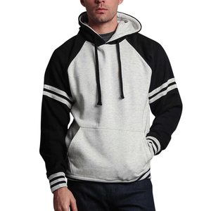 Sudadera con capucha de lana de algodón 100% de peso pesado para hombre, sudadera gris jaspeado/real con mangas a rayas en contraste, bolsillo para invierno - Product Image 4