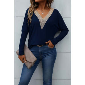 Chemisier en viscose à manches longues et col en V pour femme, 37956 - Bleu marine - Product Image 1