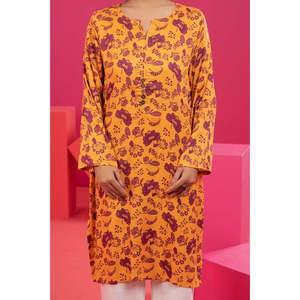 Vestido Casual Holgado de Manga Larga con Cuello Redondo, Estampado Floral y Cola, de Algodón y Fibra de Bambú Naranja para Mujer - Product Image 1