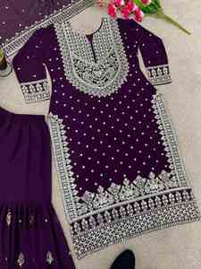 DESIGNER GEORGETTE EMBROIDERY SEQUENCE WORK TOP SHARARA WITH DUPATTA <b>PURPLE</b> - Product Image 3