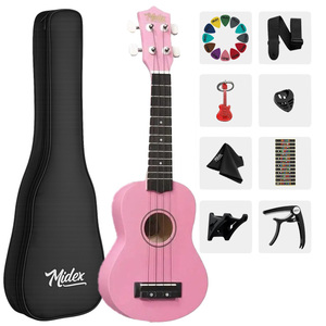 Kit de ukelele soprano rosa de 21 pulgadas con soporte de pared, funda, correa, púas y libro de métodos |   Midex UKX-901PK - Product Image 1