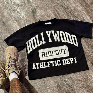 Camisetas de cuello redondo para hombre recortadas de gran tamaño personalizadas, estilo cuadrado largo de punto de algodón pesado con bordado personalizado y parche de apliques - Product Image 1