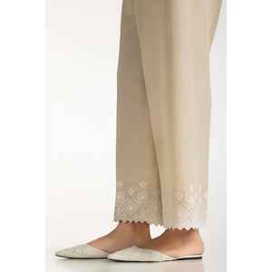 Pantalon en lin brodé beige Khaddar pour femme IPT-44025, taille haute, coupe large, jambe droite, respirant, broderie - Product Image 3
