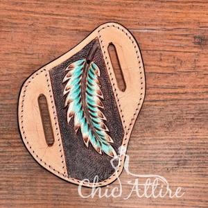 Funda de cuchillo de cuero hecha a mano personalizada para Unisex, funda de cuchillo de bolsillo de plumas pintadas a mano de cuero genuino occidental - Product Image 1