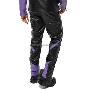 À la mode respirant en cuir noir pantalon mi contraste violet panneaux fermeture éclair cheville point blanc détaillant Streetwear motard mode - Product Image 3