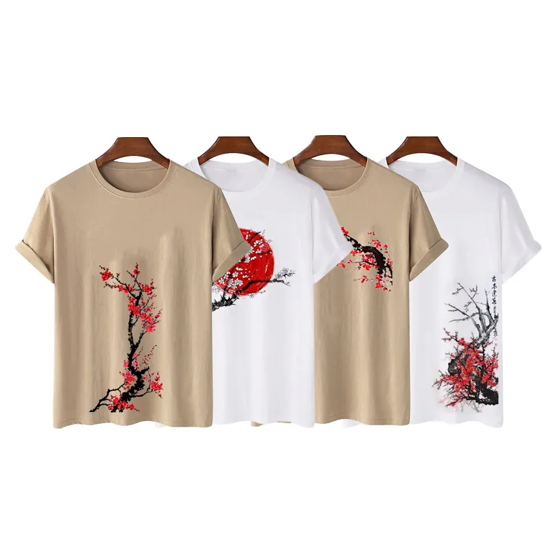 Zomer Nieuwe Chinese Stijl Bedrukte T-Shirt Mannen Ronde Kraag Pruimenbloesem Print Groothandel Custom 100% Korte Mouw Heren T-Shirt