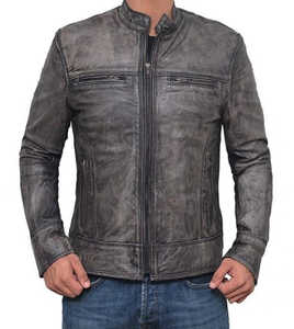 Chaqueta de Motociclista Estilo Vintage para Hombre, de Cuero Gris Desgastado, con Cuello Alto y Bolsillos Delanteros con Cremallera, Ropa de Abrigo para Otoño - Product Image 1