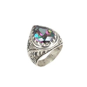 Men's 925 <b>Sterling</b> <b>Silver</b> Drop-Shaped Mystic Topaz Stone Pen-Style <b>Ring</b>-Bezel <b>Set</b> Pear & Princess Cut - Product Image 2