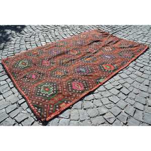 Tapis turc vintage, tapis Kilim 6,6x10,6 pieds, grand tapis Ikat rouge - Product Image 3