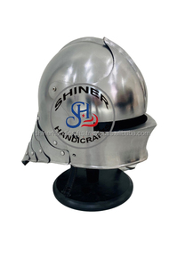 Casque allemand médiéval en acier avec support en bois, armure de Costume Maximus argentée polie avec doublure en cuir - Product Image 6