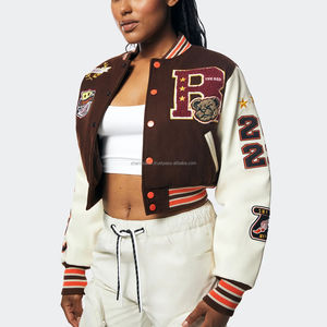 Custom Cropped Varsity <b>Jacket</b> for Women Brown and White Legendary Fearless Patch Design Streetwear OEM - Product Image 5