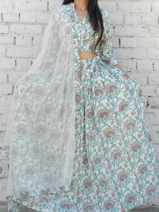 Offwhite Green Lehenga Set Indian Fashion Styling Quality <b>Kurti</b> and Pants From Indian Manufacturer - Product Image 5